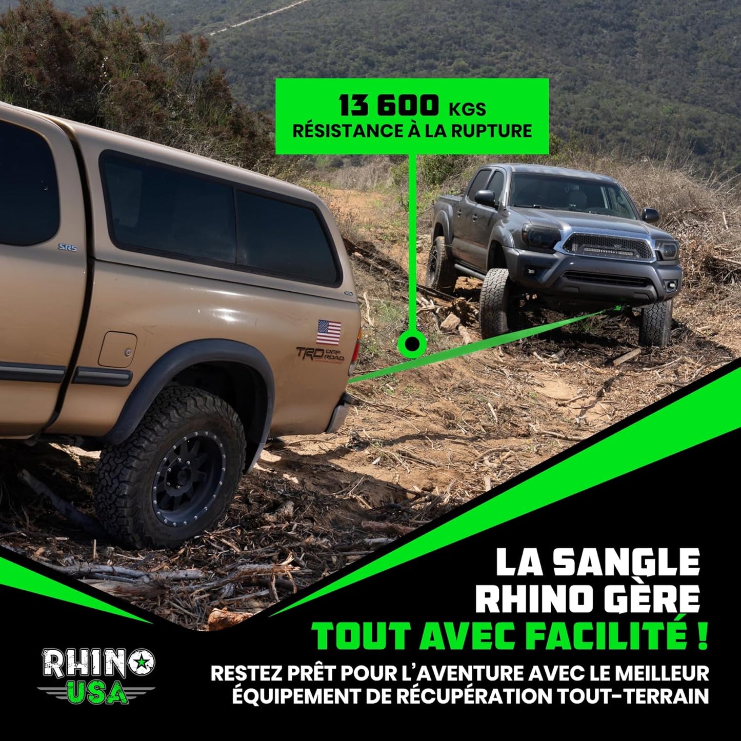 Sangle De Remorquage (7,6Cmx9,1M) Résistance À La Rupture De 13.600 Kg - Sangle De Récupération D'Urgence Pour Camion, UTV, ATV - Récupération Heavy Duty Pour Utilisation Offroad 4X4 - Verte