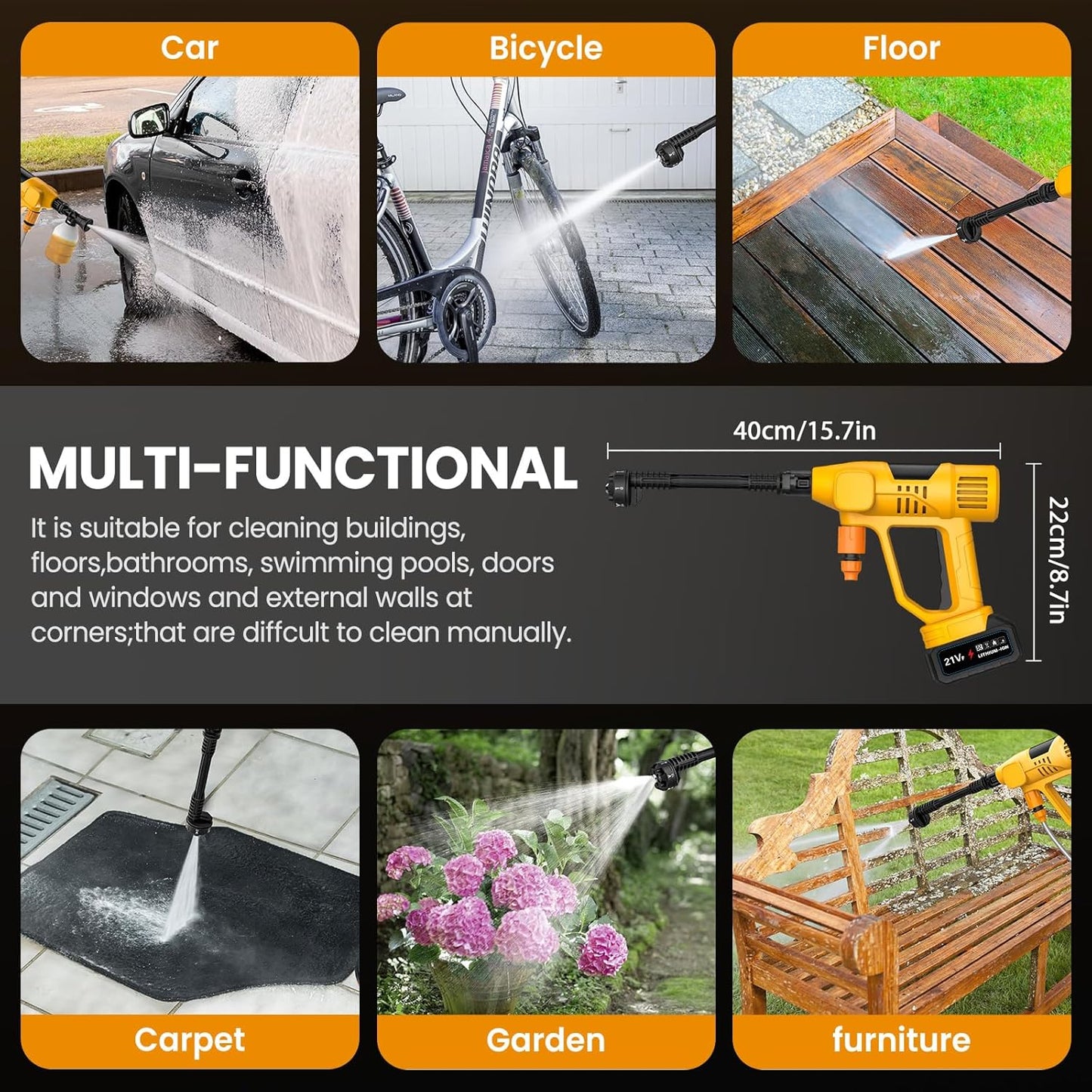 Nettoyeur Haute Pression Sans Fil, 65Bar Nettoyeur Haute Pression Sur Batterie Avec Buse 6 En 1, 2 X 3.0Ah Batteries, 10 Niveaux De Pression, Tuyau De 5M, Écran Tactile LCD, Idéal Pour Voitures Jardin