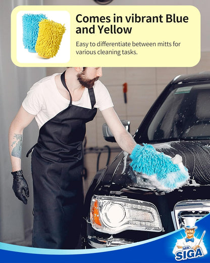 Gant De Lavage En Microfibre De Chenille Souple Surchoix Pour La Voiture, Lot De 2, Bleu Et Jaune