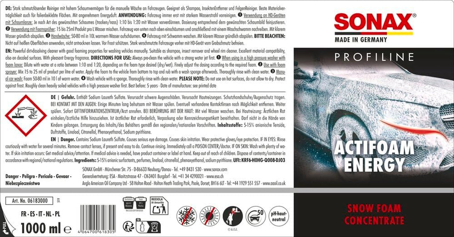 PROFILINE Actifoam Energy (1 Litre) Détergent Moussant Puissant Pour Lavage Manuel Des Véhicules Et Jantes | Réf: 06183000
