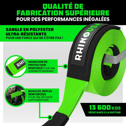 Sangle De Remorquage (7,6Cmx9,1M) Résistance À La Rupture De 13.600 Kg - Sangle De Récupération D'Urgence Pour Camion, UTV, ATV - Récupération Heavy Duty Pour Utilisation Offroad 4X4 - Verte