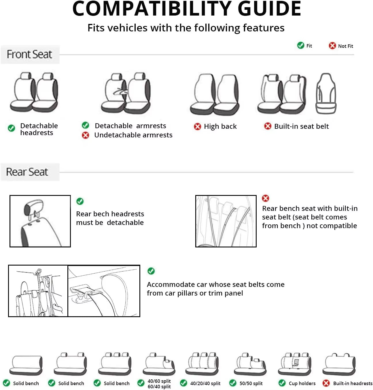 Universal Car Seat Covers Full Set Cloth Set for Most Sedans Vans Suvs Trucks Car Seat Protector Front and Rear Back Seat Covers