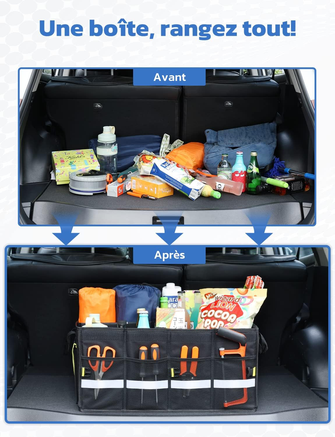 Rangement Coffre De Voiture Organisateur 55L En 600D Support 30KG Etanche Multi-Compartiments Avec Couvercle Pliable Et Bande Réfléchissante Pour SUV Camion