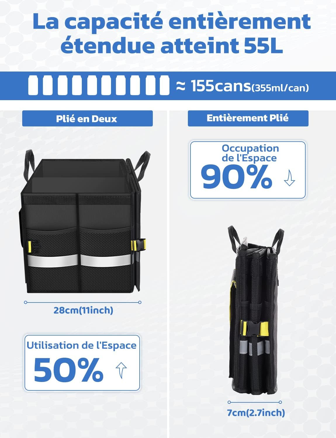 Rangement Coffre De Voiture Organisateur 55L En 600D Support 30KG Etanche Multi-Compartiments Avec Couvercle Pliable Et Bande Réfléchissante Pour SUV Camion