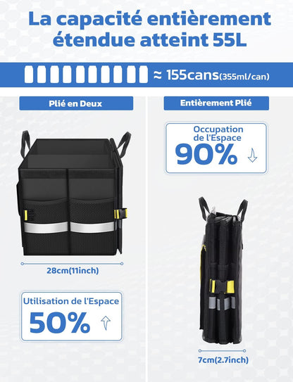 Rangement Coffre De Voiture Organisateur 55L En 600D Support 30KG Etanche Multi-Compartiments Avec Couvercle Pliable Et Bande Réfléchissante Pour SUV Camion