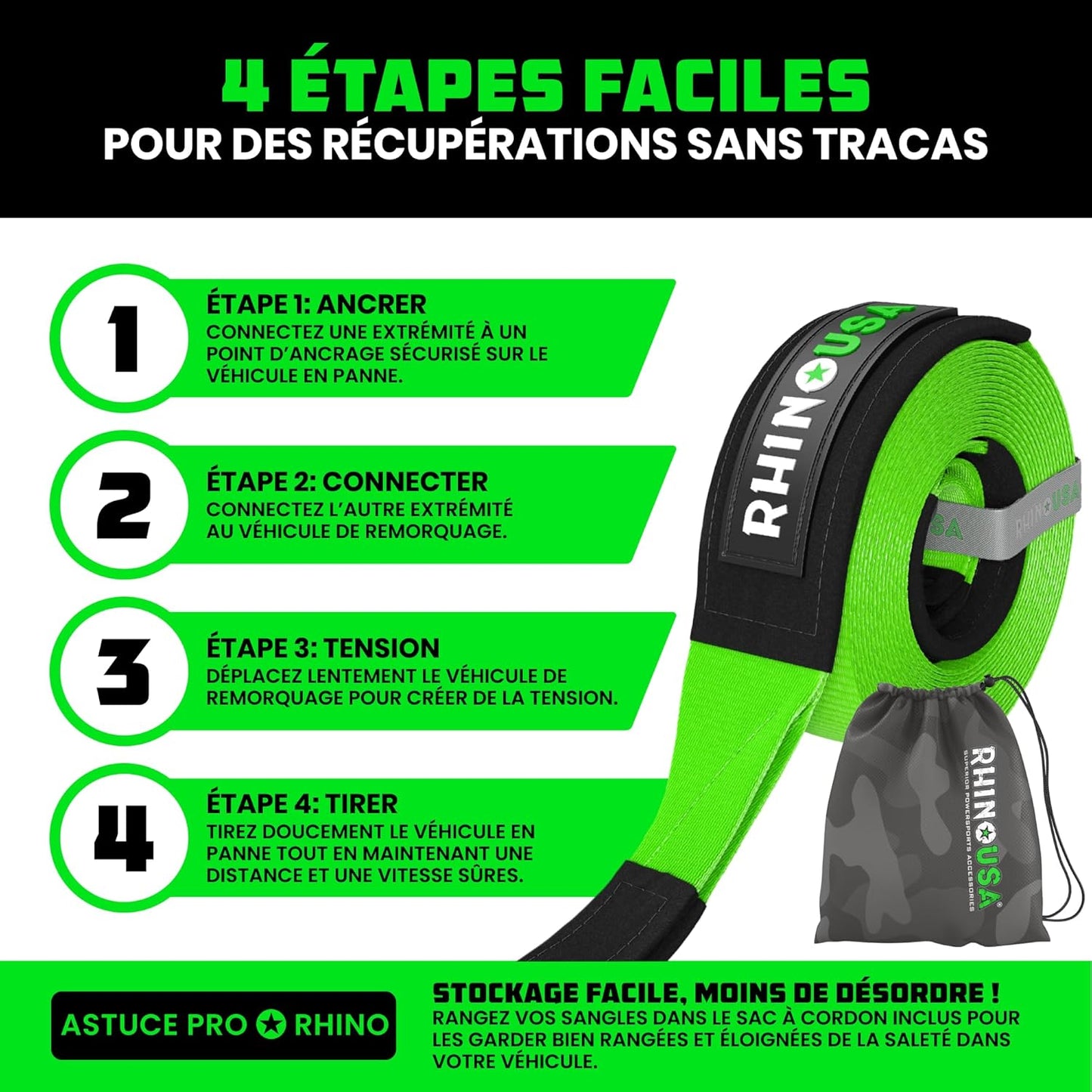 Sangle De Remorquage (7,6Cmx9,1M) Résistance À La Rupture De 13.600 Kg - Sangle De Récupération D'Urgence Pour Camion, UTV, ATV - Récupération Heavy Duty Pour Utilisation Offroad 4X4 - Verte