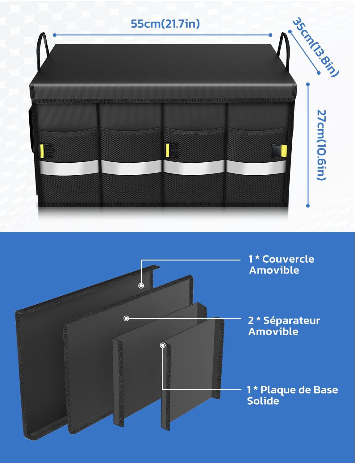 Rangement Coffre De Voiture Organisateur 55L En 600D Support 30KG Etanche Multi-Compartiments Avec Couvercle Pliable Et Bande Réfléchissante Pour SUV Camion