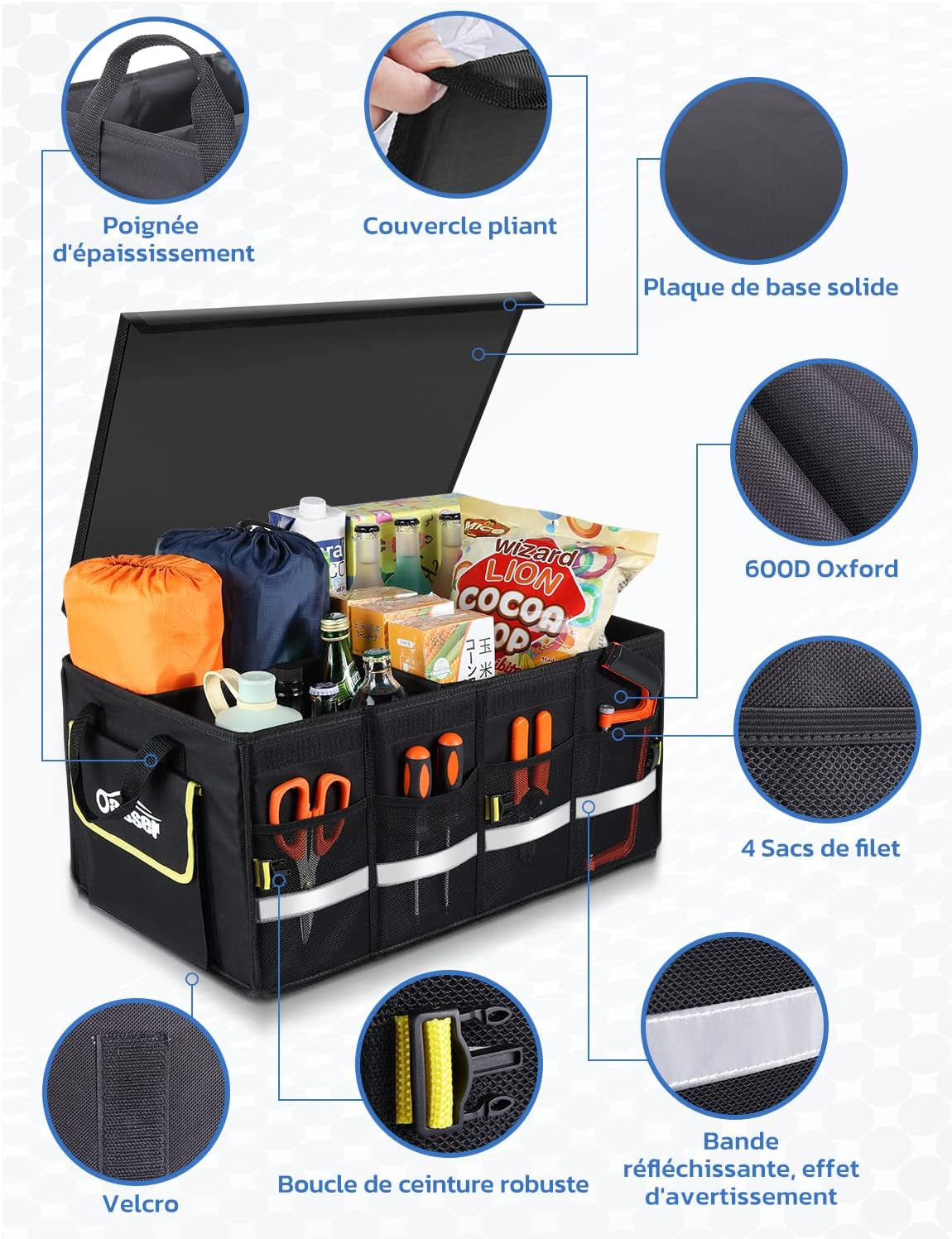 Rangement Coffre De Voiture Organisateur 55L En 600D Support 30KG Etanche Multi-Compartiments Avec Couvercle Pliable Et Bande Réfléchissante Pour SUV Camion
