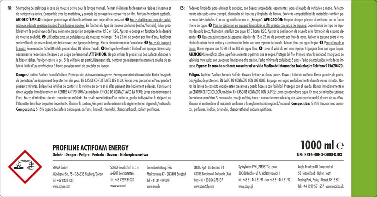 PROFILINE Actifoam Energy (1 Litre) Détergent Moussant Puissant Pour Lavage Manuel Des Véhicules Et Jantes | Réf: 06183000