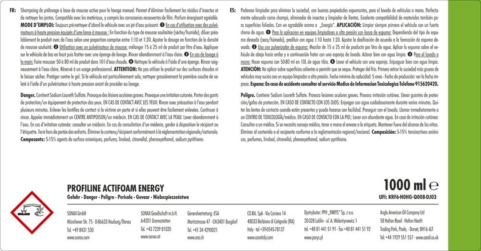 PROFILINE Actifoam Energy (1 Litre) Détergent Moussant Puissant Pour Lavage Manuel Des Véhicules Et Jantes | Réf: 06183000