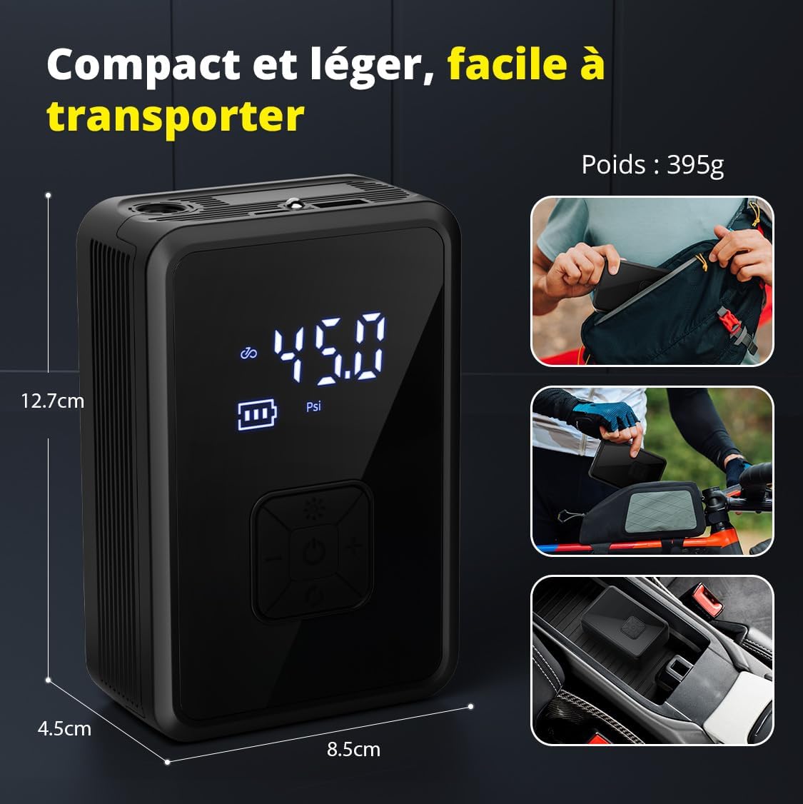 Gonfleur Pneus Voiture Sans Fil Mini Compresseur À Air Portatif 150 PSI (10,3 Bar) Inflation Rapide Cylindre 17 Mm Type-C USB Charge Avec Tuyau De 30 Cm Et Sac De Rangement