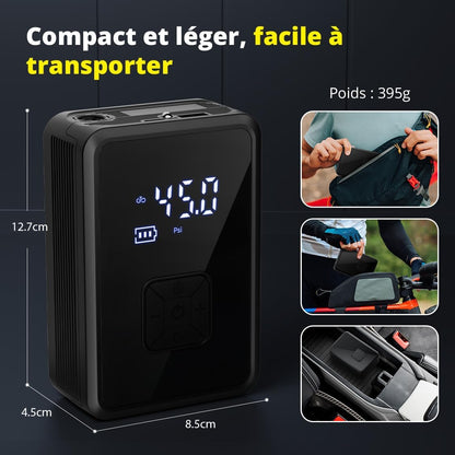 Gonfleur Pneus Voiture Sans Fil Mini Compresseur À Air Portatif 150 PSI (10,3 Bar) Inflation Rapide Cylindre 17 Mm Type-C USB Charge Avec Tuyau De 30 Cm Et Sac De Rangement