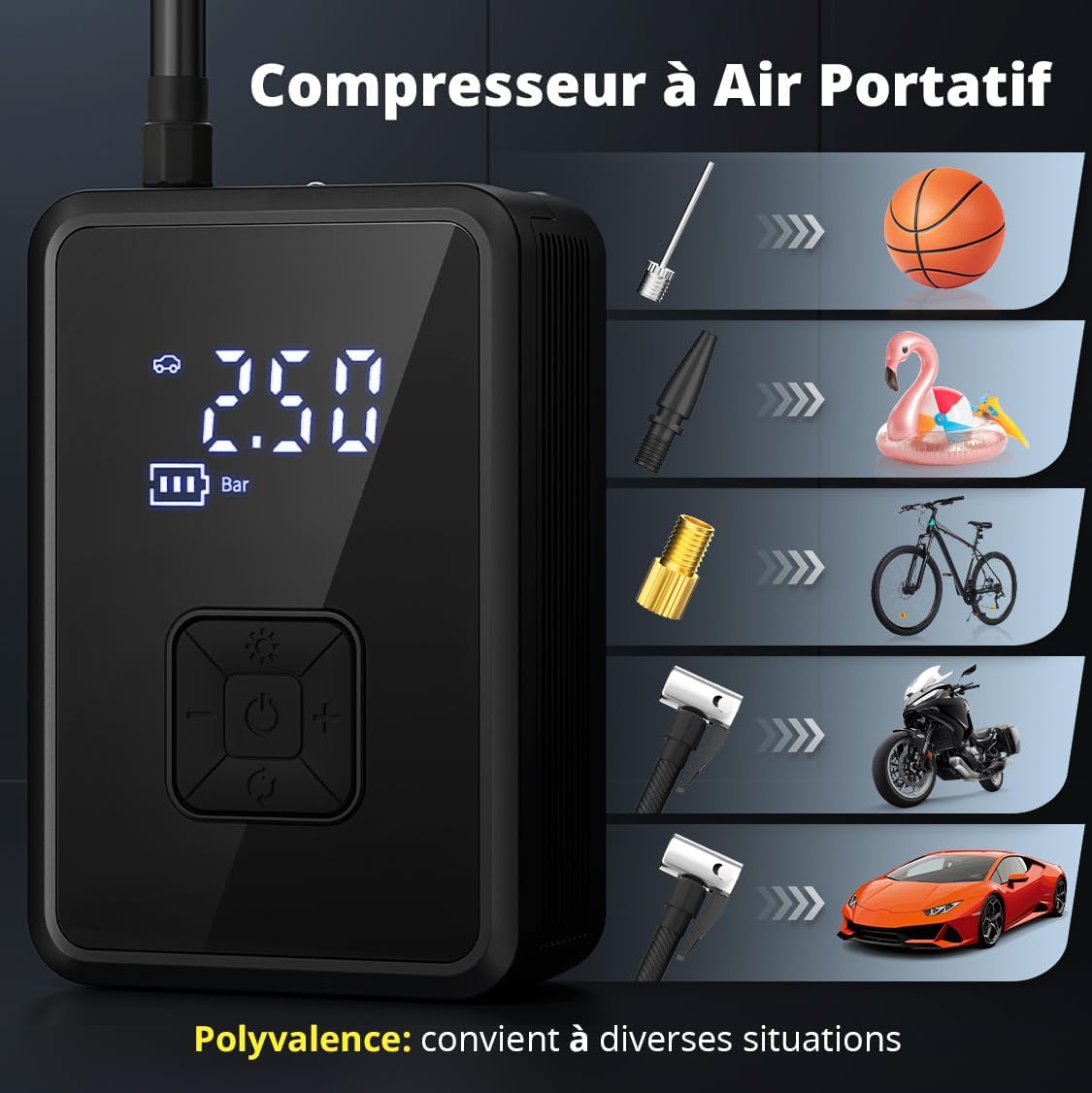 Gonfleur Pneus Voiture Sans Fil Mini Compresseur À Air Portatif 150 PSI (10,3 Bar) Inflation Rapide Cylindre 17 Mm Type-C USB Charge Avec Tuyau De 30 Cm Et Sac De Rangement