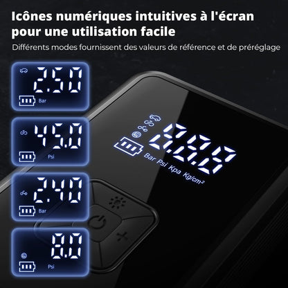 Gonfleur Pneus Voiture Sans Fil Mini Compresseur À Air Portatif 150 PSI (10,3 Bar) Inflation Rapide Cylindre 17 Mm Type-C USB Charge Avec Tuyau De 30 Cm Et Sac De Rangement