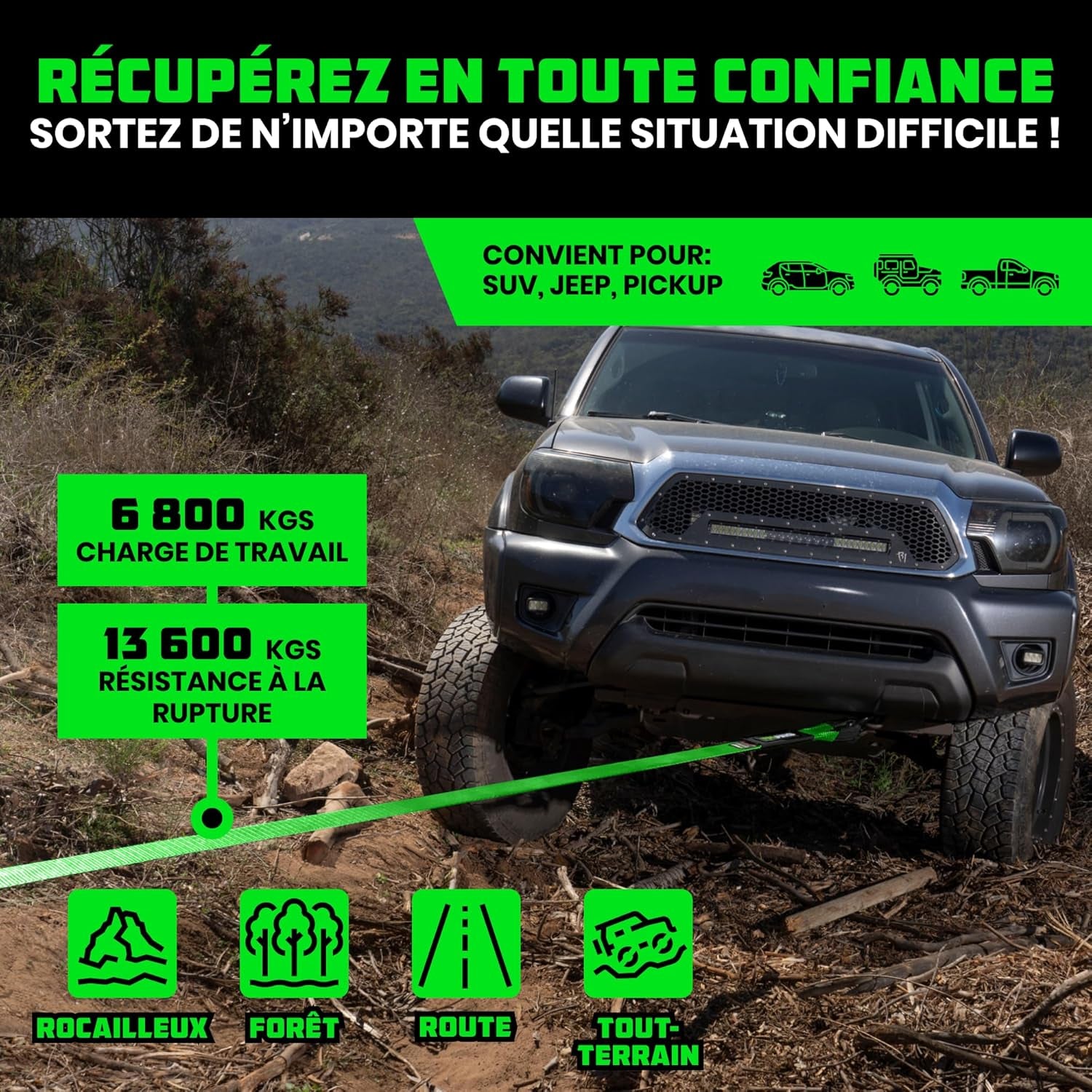 Sangle De Remorquage (7,6Cmx9,1M) Résistance À La Rupture De 13.600 Kg - Sangle De Récupération D'Urgence Pour Camion, UTV, ATV - Récupération Heavy Duty Pour Utilisation Offroad 4X4 - Verte