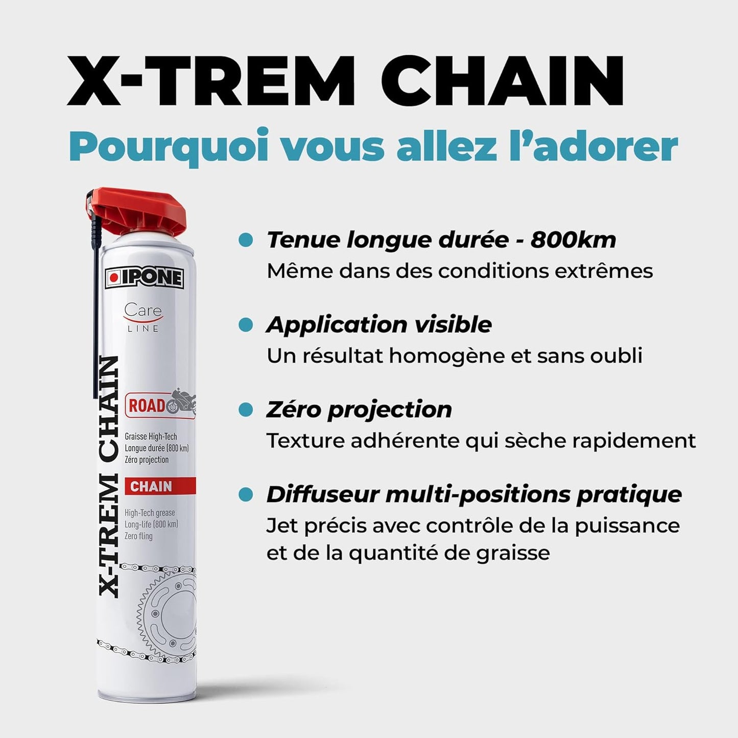 - Graisse De Chaîne Pour Moto De Route X-Trem Chain Road – Diffuseur Multi-Positions - Tenue Longue Durée 800 Kms – Pulvérisation Précise Sans Projection - Visible À L'Application - 250 Ml