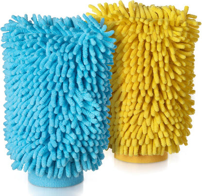 Gant De Lavage En Microfibre De Chenille Souple Surchoix Pour La Voiture, Lot De 2, Bleu Et Jaune