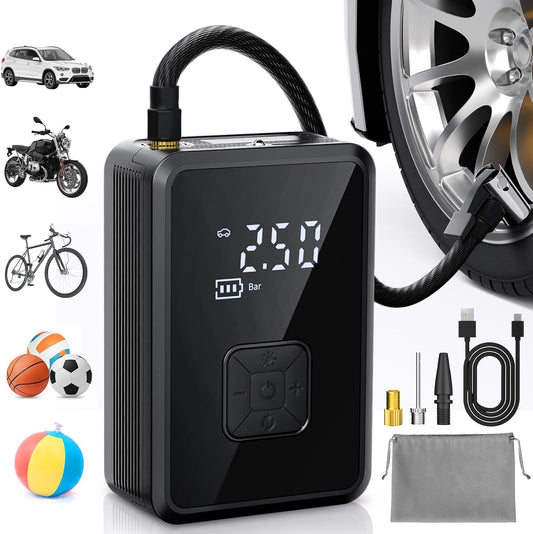 Gonfleur Pneus Voiture Sans Fil Mini Compresseur À Air Portatif 150 PSI (10,3 Bar) Inflation Rapide Cylindre 17 Mm Type-C USB Charge Avec Tuyau De 30 Cm Et Sac De Rangement