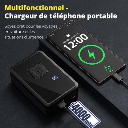 Gonfleur Pneus Voiture Sans Fil Mini Compresseur À Air Portatif 150 PSI (10,3 Bar) Inflation Rapide Cylindre 17 Mm Type-C USB Charge Avec Tuyau De 30 Cm Et Sac De Rangement