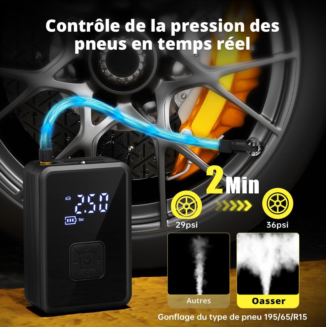 Gonfleur Pneus Voiture Sans Fil Mini Compresseur À Air Portatif 150 PSI (10,3 Bar) Inflation Rapide Cylindre 17 Mm Type-C USB Charge Avec Tuyau De 30 Cm Et Sac De Rangement