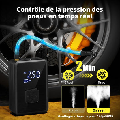 Gonfleur Pneus Voiture Sans Fil Mini Compresseur À Air Portatif 150 PSI (10,3 Bar) Inflation Rapide Cylindre 17 Mm Type-C USB Charge Avec Tuyau De 30 Cm Et Sac De Rangement