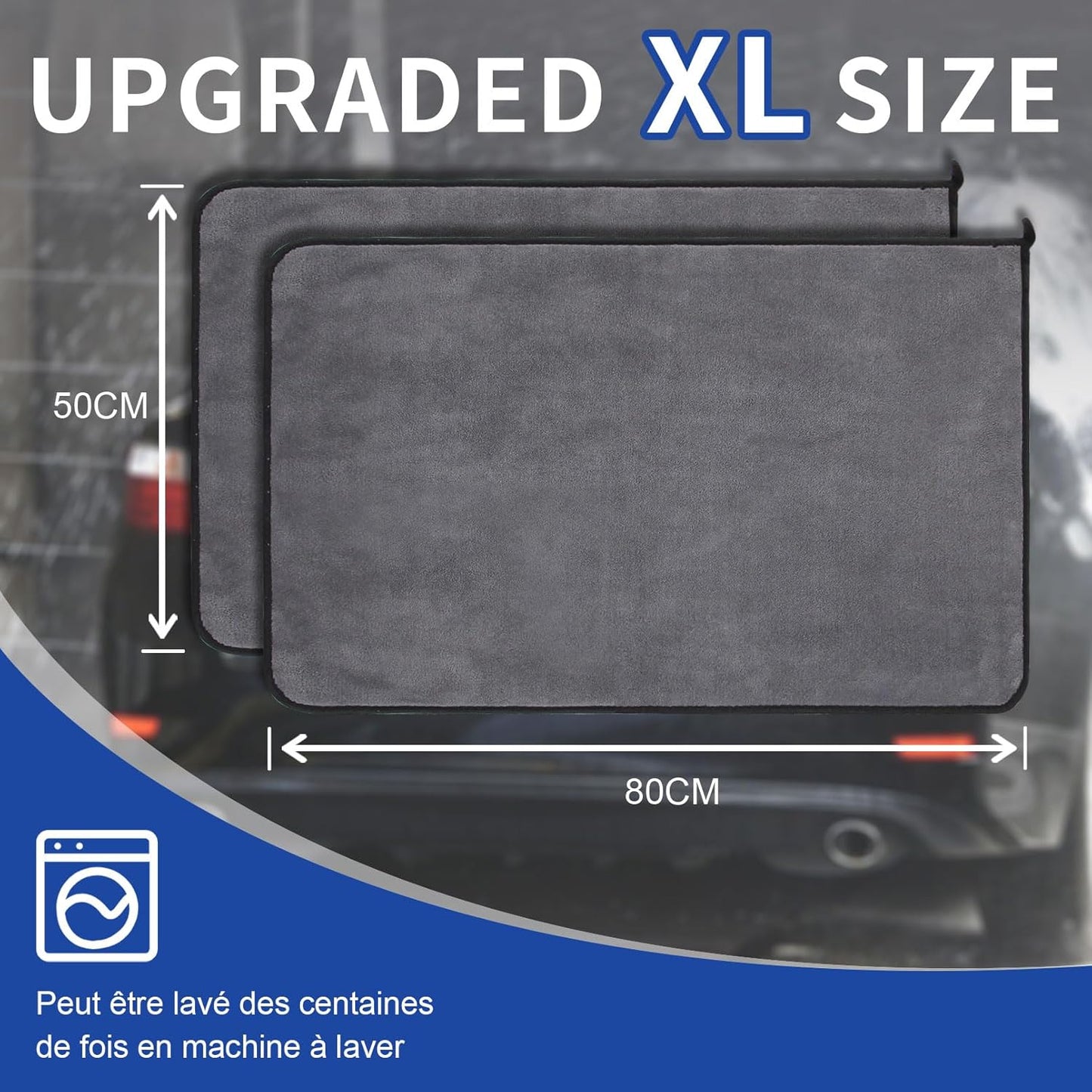 80X50 CM XL Chiffons En Microfibre Voiture Lot De 2, Chiffon De Séchage Pour Voiture 1000GSM Chiffons De Polissage Pour Auto Motocyclette L'Entretien Ultra Absorbant Serviettes Microfibre