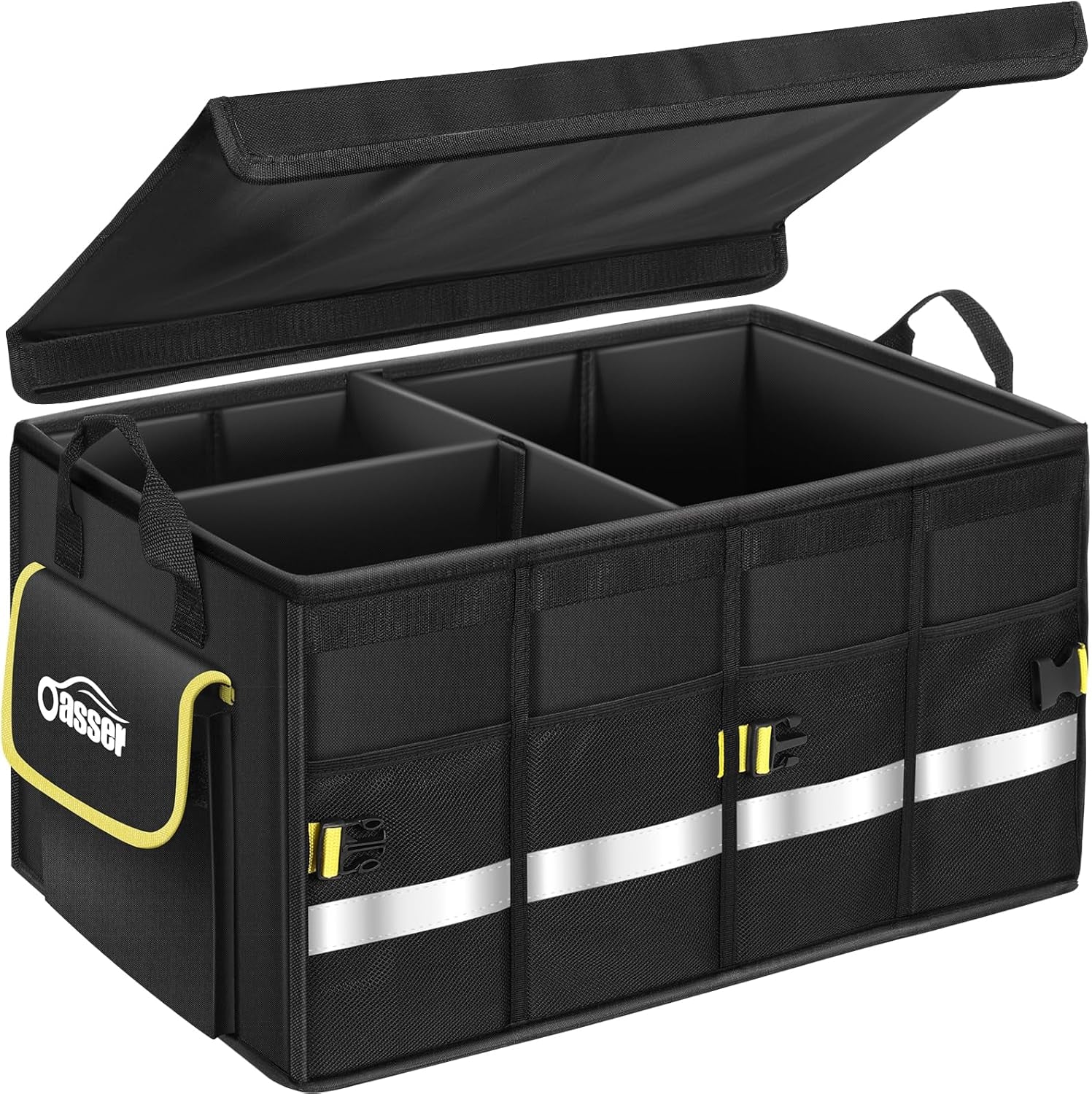 Rangement Coffre De Voiture Organisateur 55L En 600D Support 30KG Etanche Multi-Compartiments Avec Couvercle Pliable Et Bande Réfléchissante Pour SUV Camion