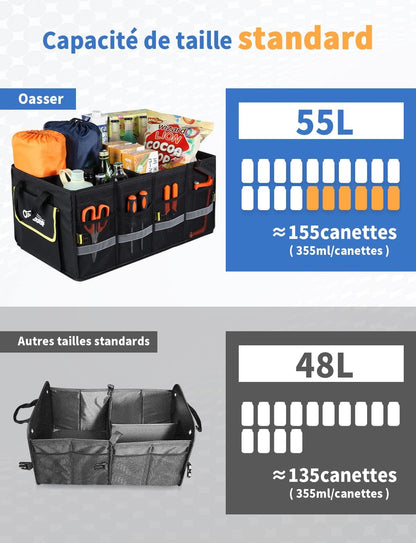 Rangement Coffre De Voiture Organisateur 55L En 600D Support 30KG Etanche Multi-Compartiments Avec Couvercle Pliable Et Bande Réfléchissante Pour SUV Camion