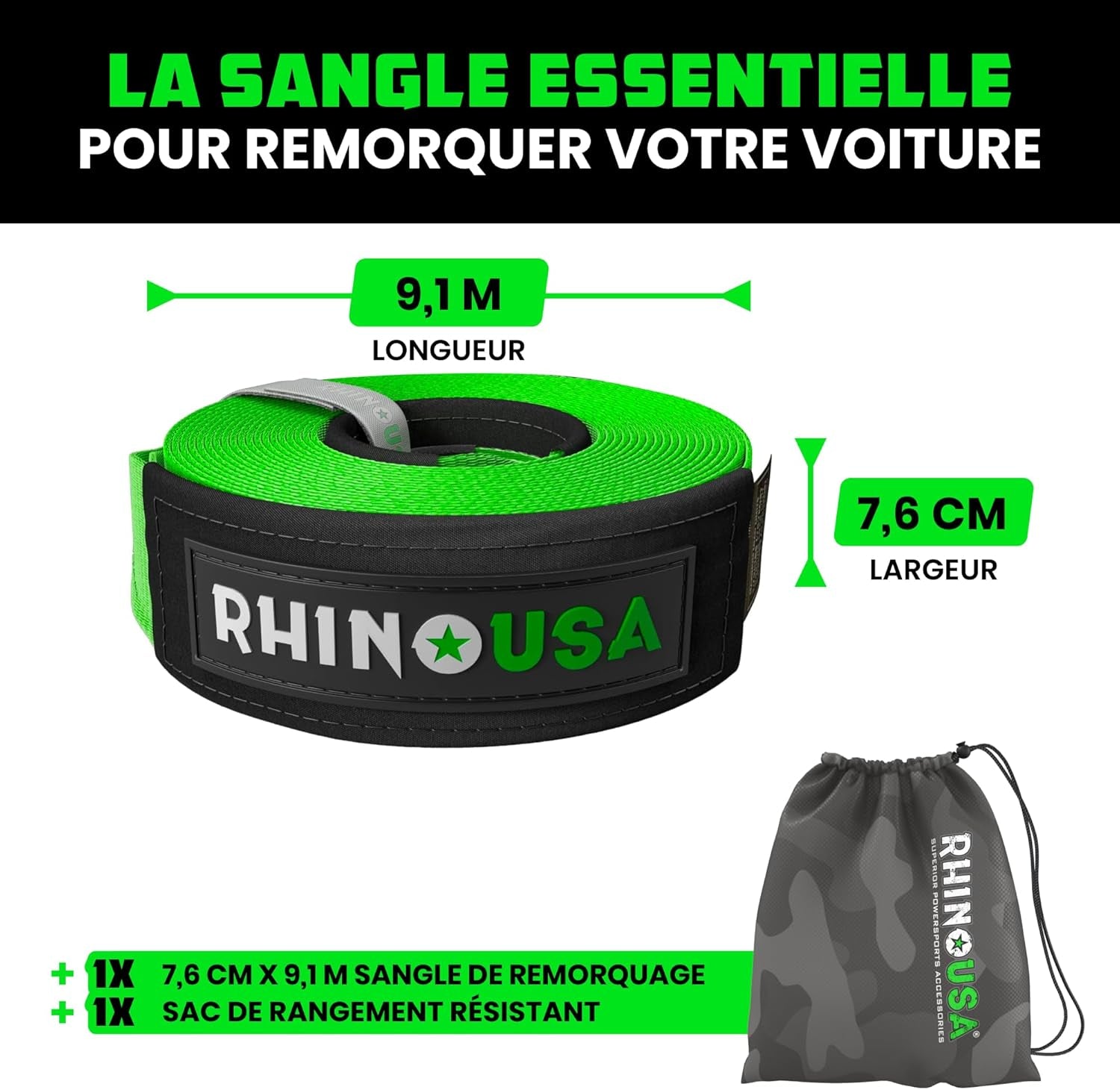 Sangle De Remorquage (7,6Cmx9,1M) Résistance À La Rupture De 13.600 Kg - Sangle De Récupération D'Urgence Pour Camion, UTV, ATV - Récupération Heavy Duty Pour Utilisation Offroad 4X4 - Verte