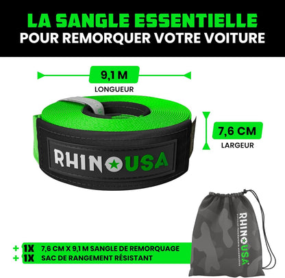 Sangle De Remorquage (7,6Cmx9,1M) Résistance À La Rupture De 13.600 Kg - Sangle De Récupération D'Urgence Pour Camion, UTV, ATV - Récupération Heavy Duty Pour Utilisation Offroad 4X4 - Verte
