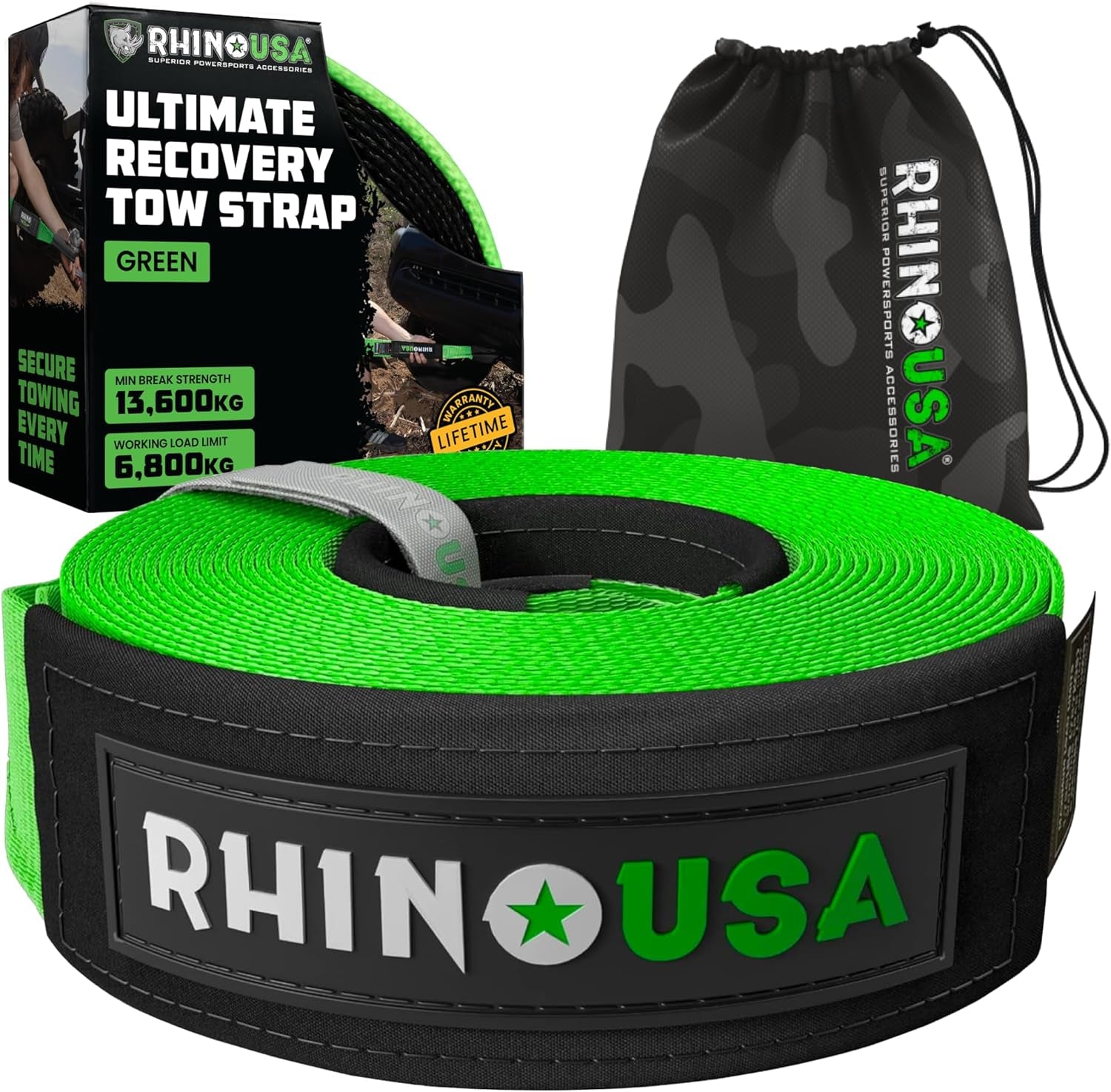 Sangle De Remorquage (7,6Cmx9,1M) Résistance À La Rupture De 13.600 Kg - Sangle De Récupération D'Urgence Pour Camion, UTV, ATV - Récupération Heavy Duty Pour Utilisation Offroad 4X4 - Verte